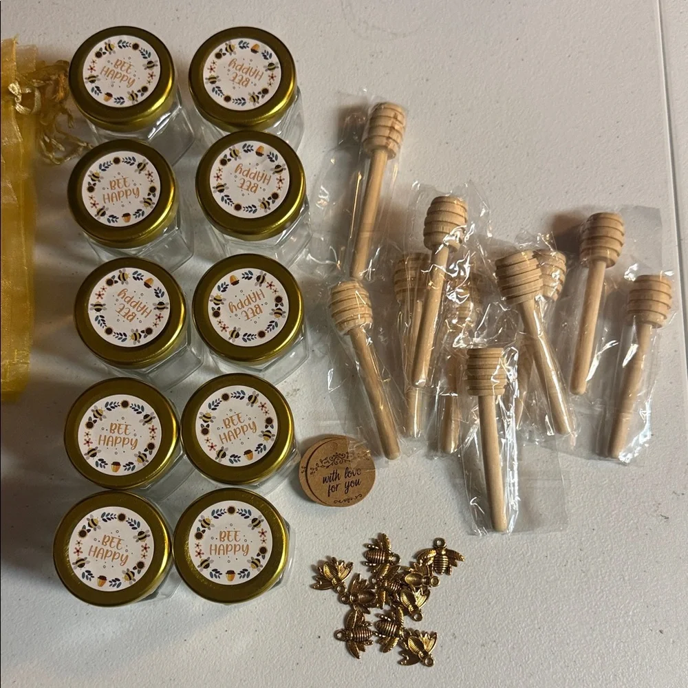 10 Pack Bee Happy Honey Jar Set‎ with Dippers, charms & Decorative bag